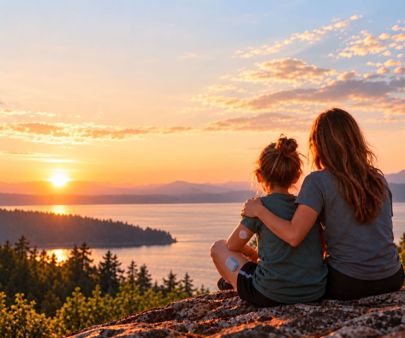 A parent and child sitting together on a rock overlooking the water at sunset.